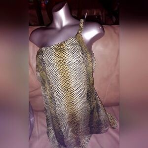 CAche One-Shoulder Snakeskin-Print Greenish-Gray Large Women's Dress